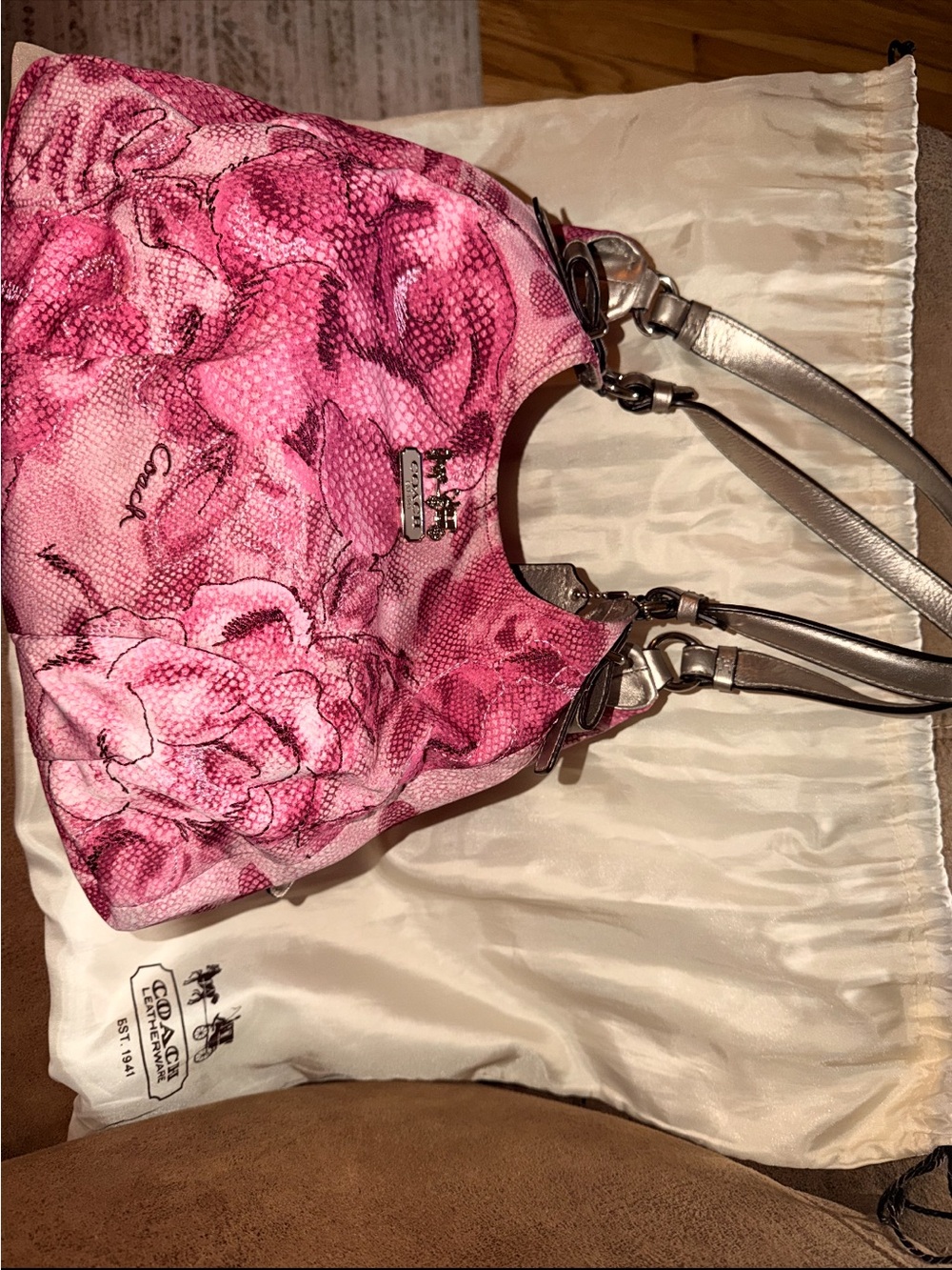 Coach Pink Floral Shoulder Bag with Silver Straps